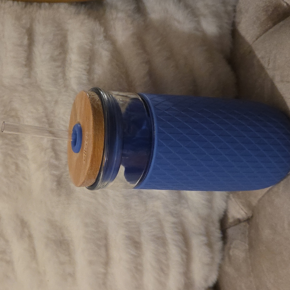 Ello 18oz Rubber Blue Glass Tumbler with Bamboo Lid And Straw